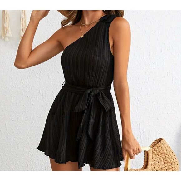 Womens Romper Black One Shoulder Belted Romper High Waist Jumpsuits Size 8-10 - Picture 2 of 9